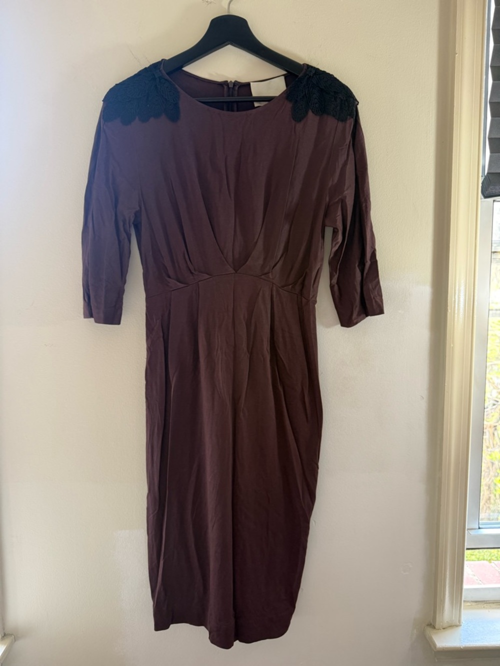 Philip Lim Womens Brown Midi Dress with Lace Shoulder Detail